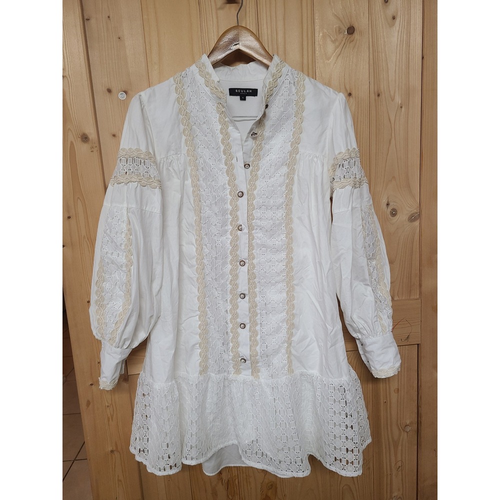 Beulah Style Mini Dress Women S White Crochet Lace Balloon Sleeve Boho